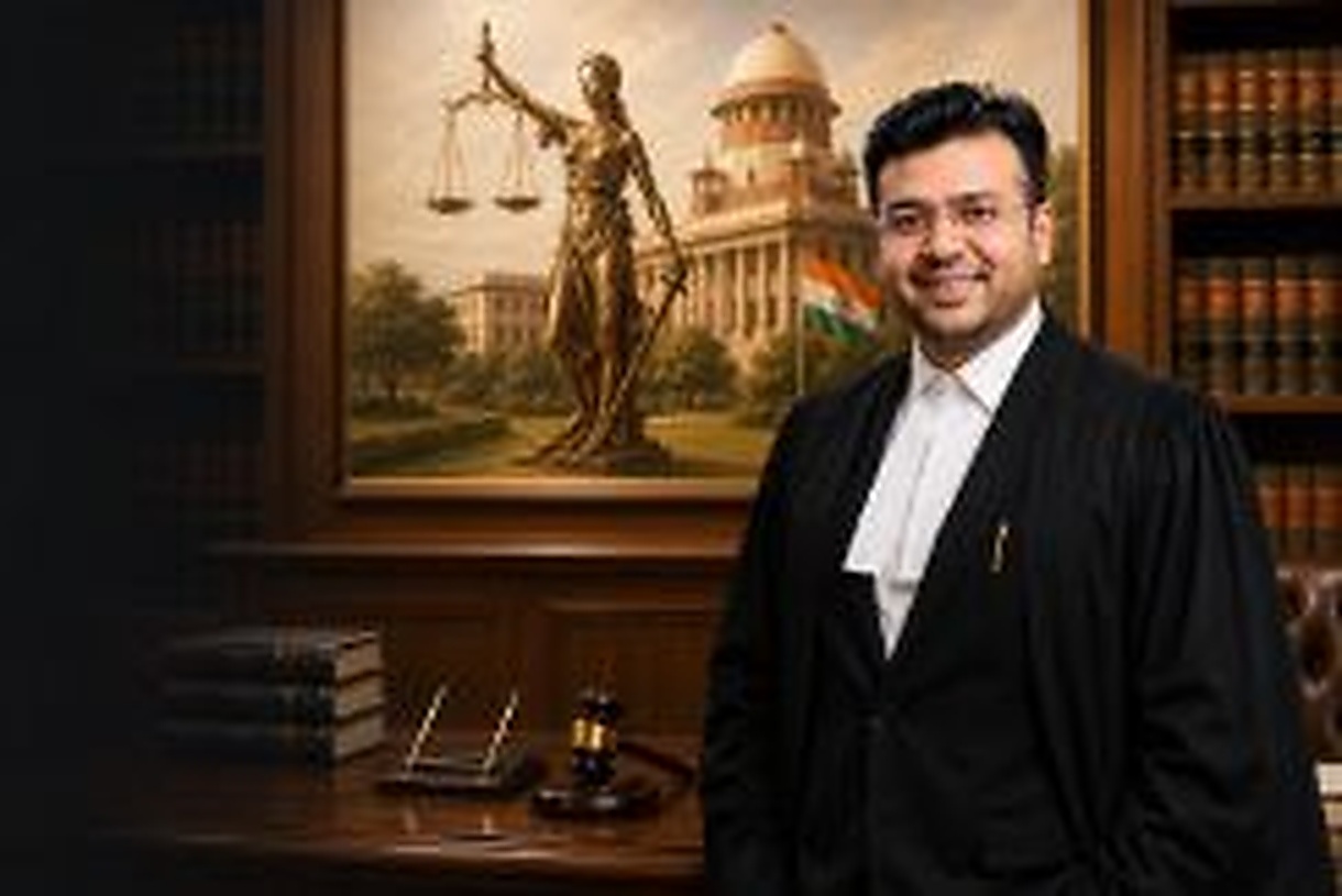 Professional advocate portrait in a law library with justice-themed artwork