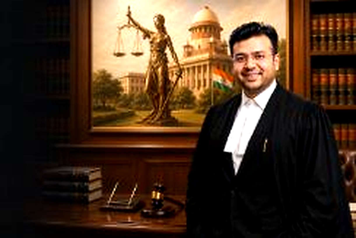 High-contrast professional advocate portrait in a law library with justice-themed artwork
